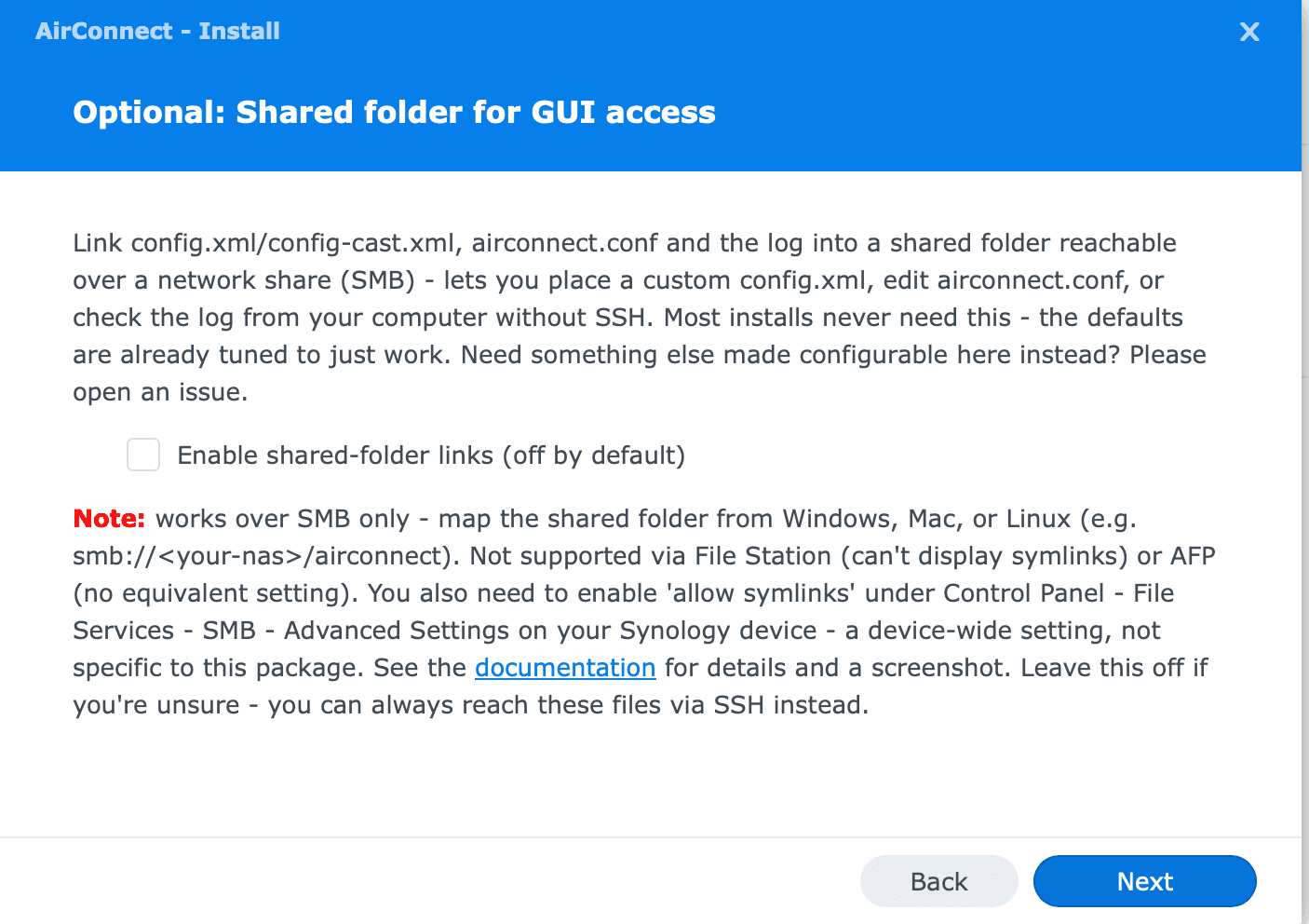 AirConnect installation - shared folder step